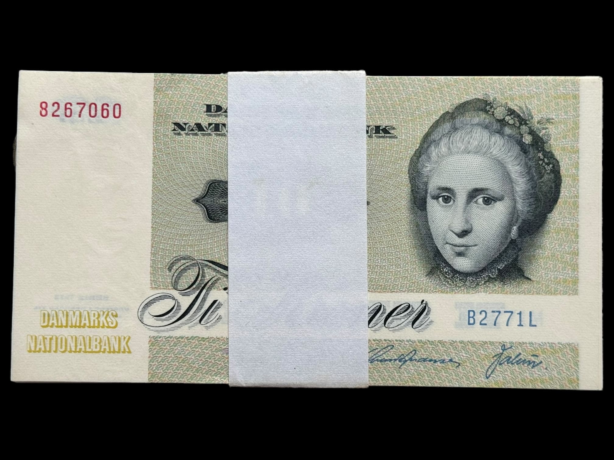 10 kroner 1977 B2, Valuer/Svend Andersen, Nr. 8267060-69, Sieg 139, DOP 148, Pick 48, Kva. 0 "Bundt på 10 stk"