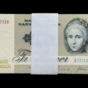 10 kroner 1977 B7, Valuer/Sunesen, Nr. 0827739-48, Sieg 139, DOP 148, Pick 48, Kva. 0 "Bundt på 10 stk"