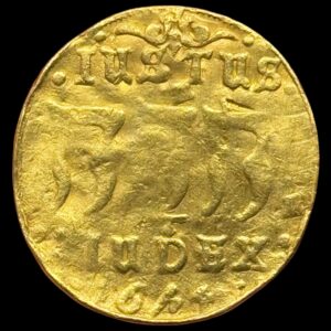 1645, 2 dukat, Hebræer, Chr.IV, Sieg 131.2, Hede 32, Kva. 1 "Været indfattet" plugget "se kronen, Meget sjælden