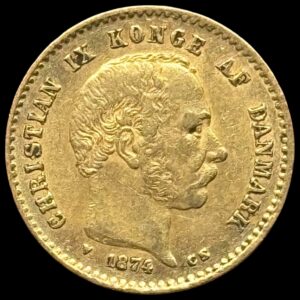 1874, 10 kroner, Chr.IX, Sieg 1.1, Hede 9A, 4,48 gram 0.900 AU, Kva. 1+