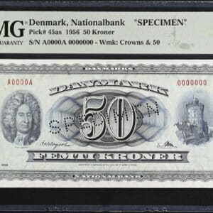 50 kroner 1956 A0, Hartogsohn/Riim, Nr. 0000000, SPECIMEN, Sieg 134, Pick 45as, DOP 143, Kva. 0, PMG 65 Gem Uncirculated, Exceptional Paper Quality TOP POP