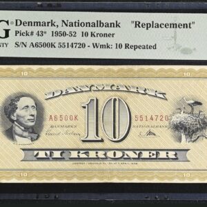 10 kroner 1952 A6 0K, Svend Nielsen/Riim, Nr. 5514720, Sieg 130, Pick 43, DOP 139, Kva. 1+, PMG 30 Very Fine TOP POP "Sjælden erstatningsseddel"