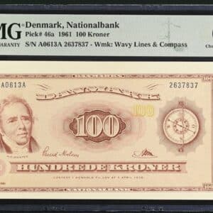 100 kroner 1961 A0, Svend Nielsen/Riim, Nr. 2637837, Sieg 136, Pick 46a, DOP 145, Kva. 0, PMG 64 Choice Uncirculated TOP POP "Sjælden"