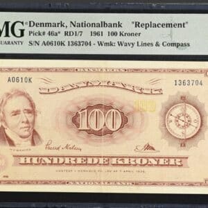 100 kroner 1961 A0 0K, Svend Nielsen/Riim, Nr. 1363704, Sieg 136, Pick 46r1, DOP 145, Kva. 1+, PMG 35 Choice Very Fine "Sjælden Erstatningsseddel"