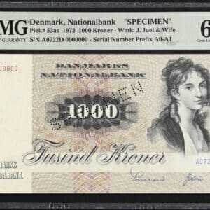 1000 kroner 1972 A0, Sunesen/Valuer, Nr. 000000, SPECIMEN, Sieg 145, Pick 53as, DOP 153, Kva. 0, PMG 66 Gem Uncirculated Exceptional Paper Quality TOP POP