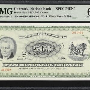 500 kroner 1963 A0, Svend Nielsen/Riim, Nr. 0000000, SPECIMEN, Sieg 136, Pick 47as, DOP 147, Kva. 0, PMG 65 Gem Uncirculated Exceptional Paper Quality TOP POP