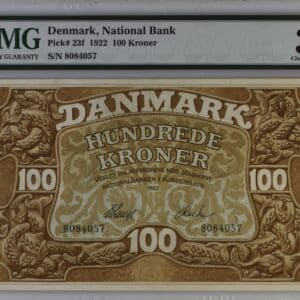 100 kroner 1922, V.Lange/Recke, Nr. 8084057, Sieg 109, Pick 23f, DOP 116, Kva. 1+, PMG 35 Choice Very Fine