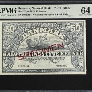 50 kroner 1925, V.Lange/Bang, Nr. 0000000, SPECIMEN, Sieg 106, Pick 22es, DOP 115, Kva. 0, PMG 64 Choice Uncirculated TOP POP