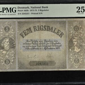 5 Rigsdaler 1873, Nr. 2245251, Sieg 77, Pick A62b, DOP 88, Kva. 1-1+, PMG 25 Very Fine, Stains, Minor Egde Damage, TOP POP