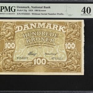 100 kroner 1924 "Uden litra", V.Lange/Spanning, Nr. 9753323, Sieg 109, Pick 23g, DOP 116, Kva. 1+-01, PMG 40 Extremely Fine TOP POP, Uhyre sjælden