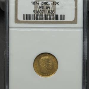 10 kroner 1874, Chr.IX, Sieg 1.1, Hede 9A, 4,48 g, 0.900 AU, Kva. 0-01 "Graderet MS 64 af NGC"