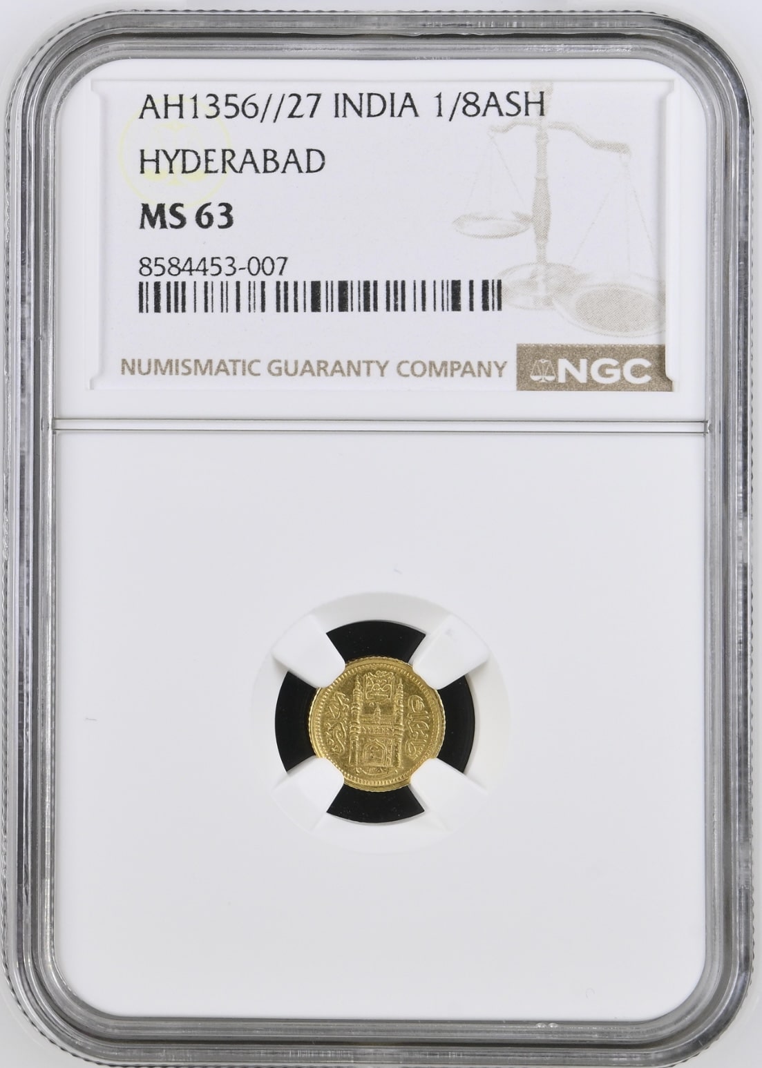 Indien / India Hyderabad, 1/8 Ashrafi 1356/27, KM / Y 54.2, Fr. 1198, Kva. 0, Graderet MS 63 af NGC