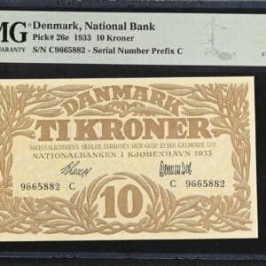 10 kroner 1933 C, V.Lange/Clementsen, Nr. 9665882, Sieg 104, Pick 26e, DOP 119, Kva. 0-01, PMG 58 Choice About Uncirculated TOP POP