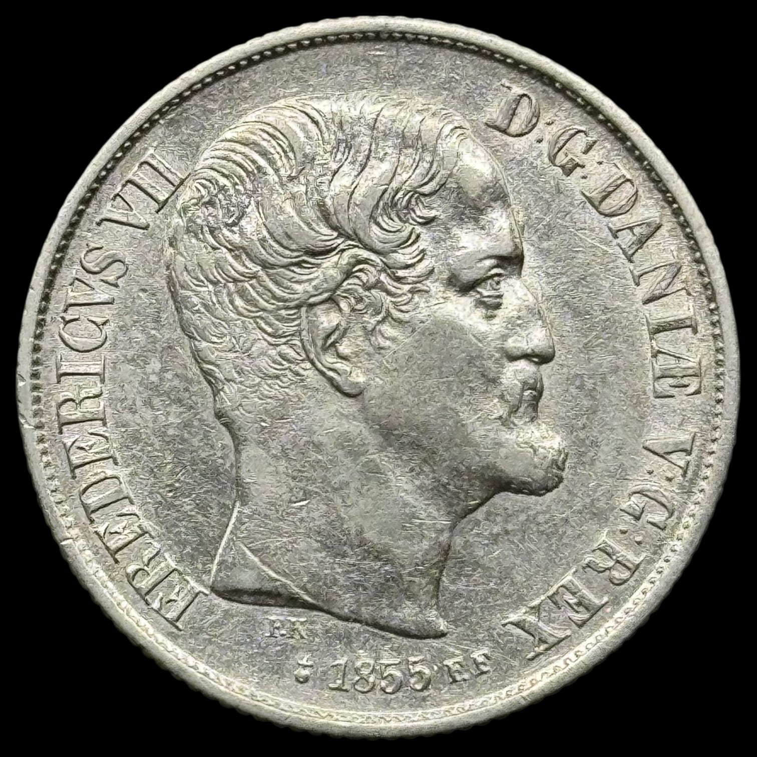1855 FF, 1 rigsdaler, Fre.VII, Sieg 13.2, Hede 8B, Kva. 1+ renset