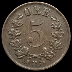 Norge, 5 øre 1876, Oscar ll, Sieg 16, NM 97, Kva. 01