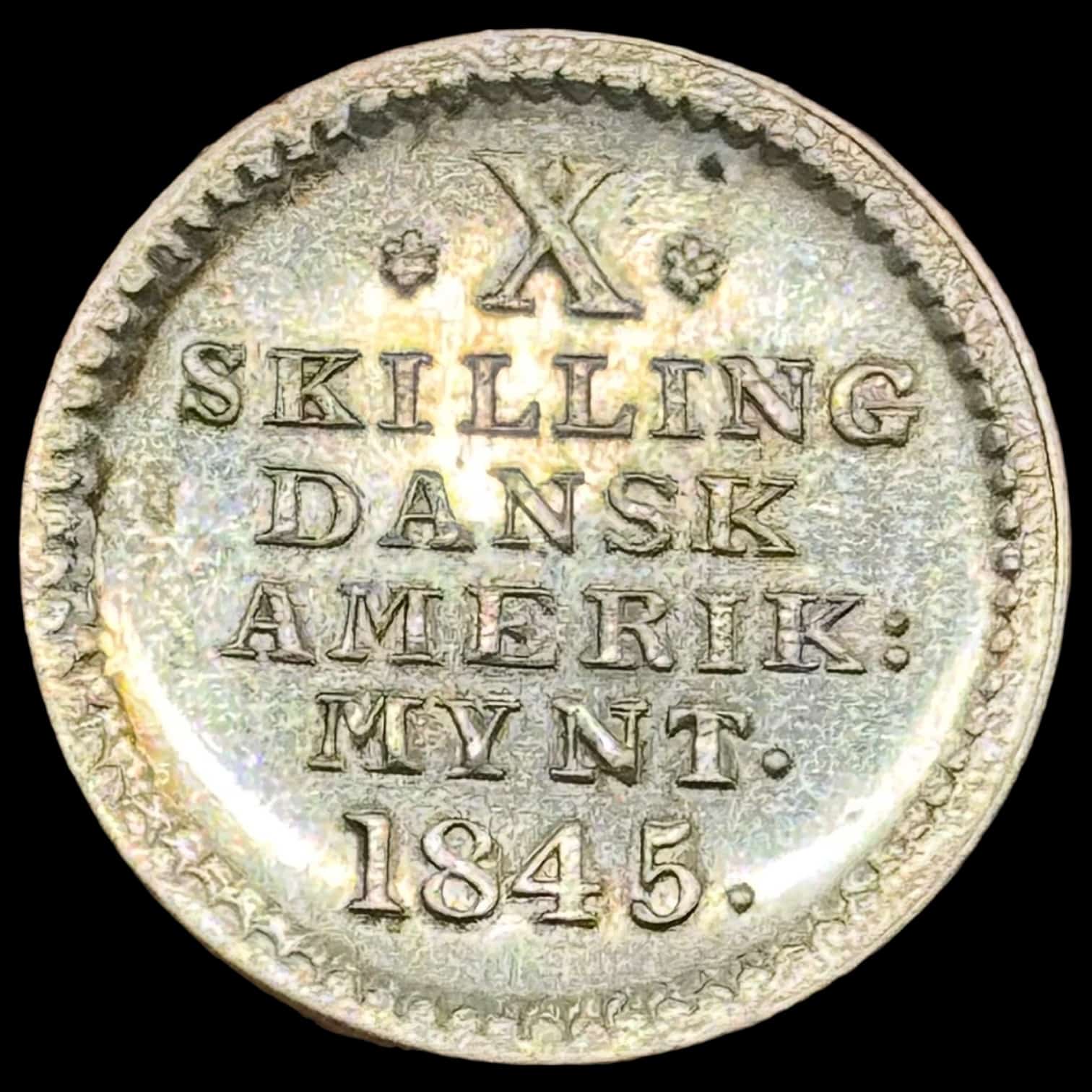 Dansk Vestindien, 10 skilling 1845, Sieg 12.2, Hede 14, KM 16, Kva. 0-M "Medaljepræg"