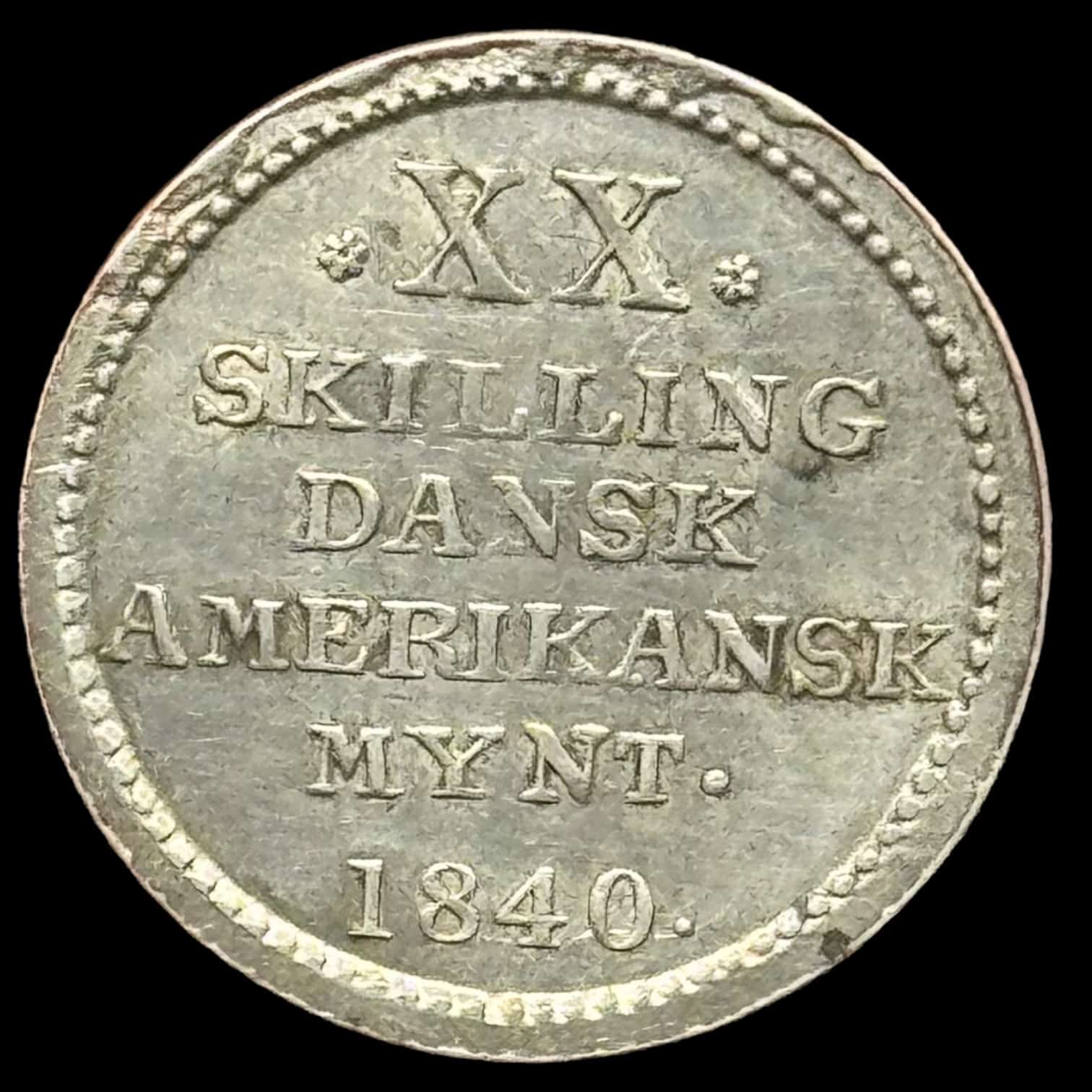 Dansk Vestindien, 20 skilling 1840, Sieg 13.2, Hede 13, KM 17, Kva. 01