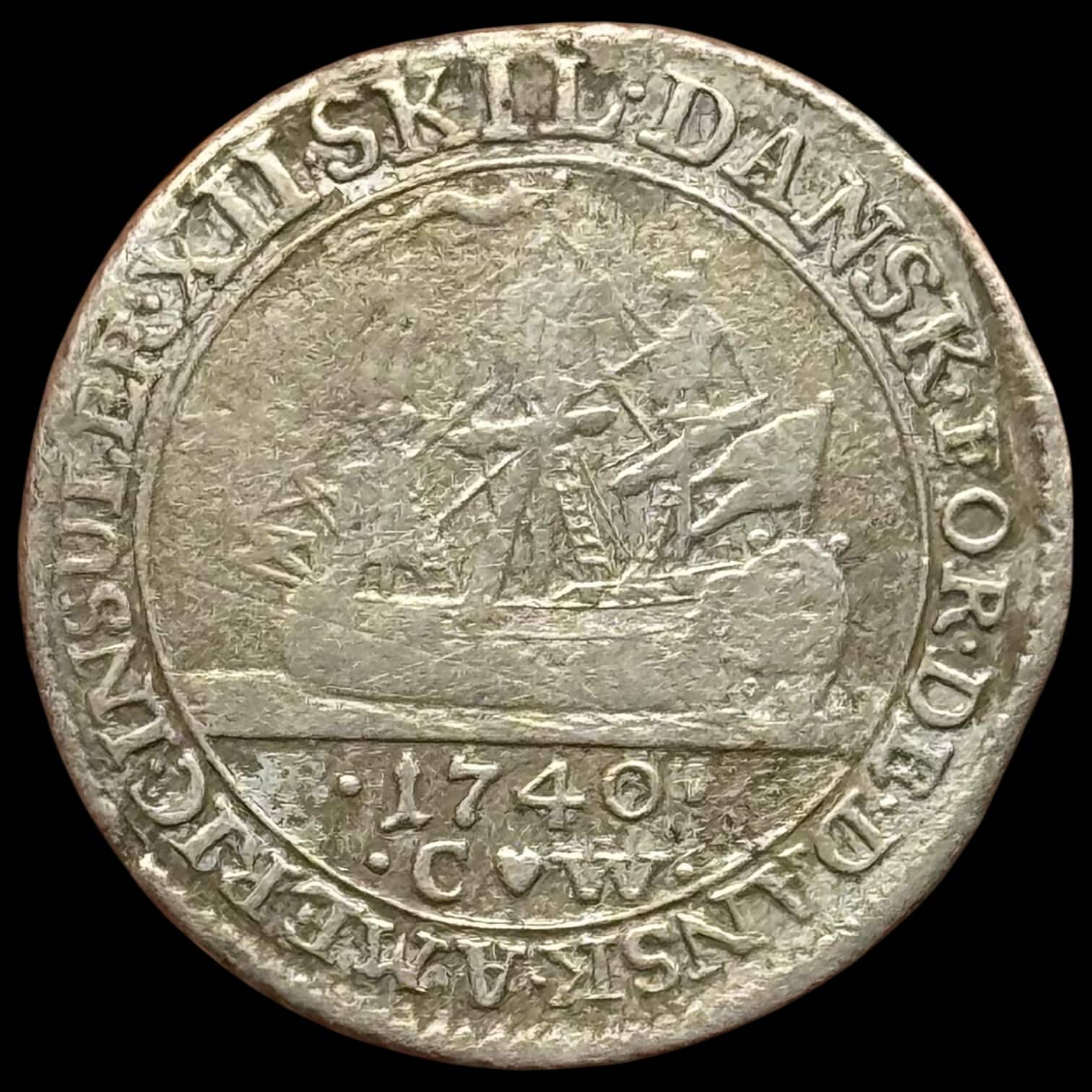 Dansk Vestindien, 12 skilling 1740, Chr.VI, Sieg 3, Hede 1, KM 4, Kva. 1