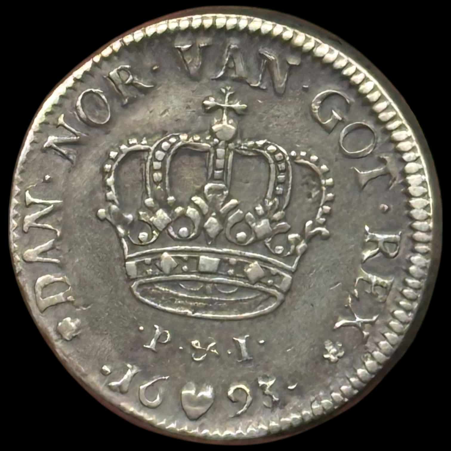 1693, 2 krone “dobbelt Klumpkrone”, Chr.V, Sieg 25, Hede 105, Kva. 1+