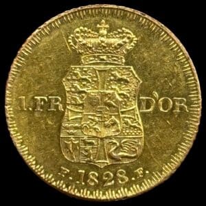 1828, 1 Frederik d'or, Fre.VI, Sieg 32, Hede 4A, Kva. 0-01 "Medaljeprægskarakter"