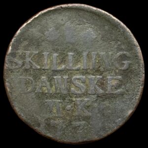 1771, 1 Skilling, Chr.VII, Sieg 2.7, Hede 37E, Kva. 1-1- "Stavefejl" SKILLIING MK