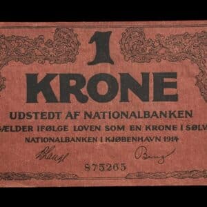 1 krone 1914 Klipfisk, V.Lange/Bang, Nr. 875265, Sieg 115, DOP 110, Pick 10 Kva. 01 “uhyre sjælden variant med kroget 1 tal”