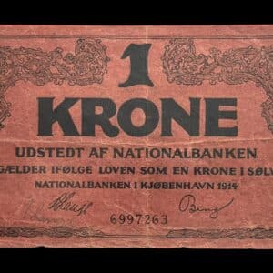 1 krone 1914 Falk, V.Lange/Bang, Nr. 6997263, Sieg 116, DOP 111, Pick 11 Kva. 1 “ekstrem sjælden variant med kroget 1 tal”