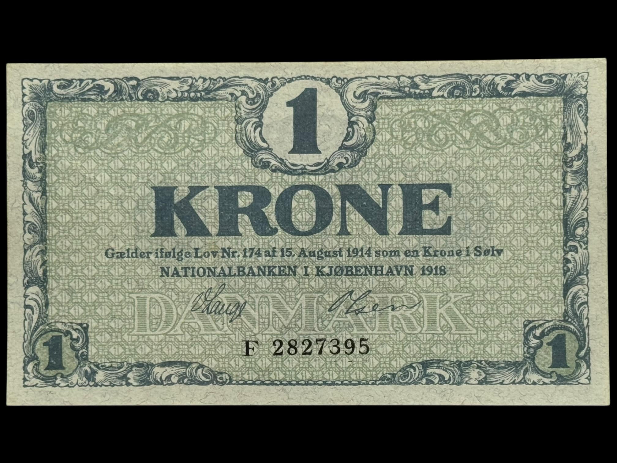 1 krone 1918 F, V.Lange/Olesen, Nr. 2827395, Sieg 117, DOP 112, Pick 12 Kva. 0