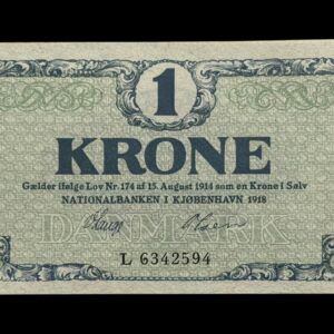1 krone 1918 L, V.Lange/Olesen, Nr. 6342594, Sieg 117, DOP 112, Pick 12 Kva. 0
