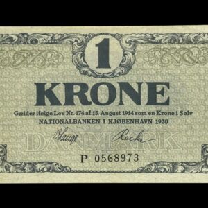 1 krone 1920 P, V.Lange/Recke, Nr. 0568973, Sieg 117, DOP 112, Pick 12 Kva. 0