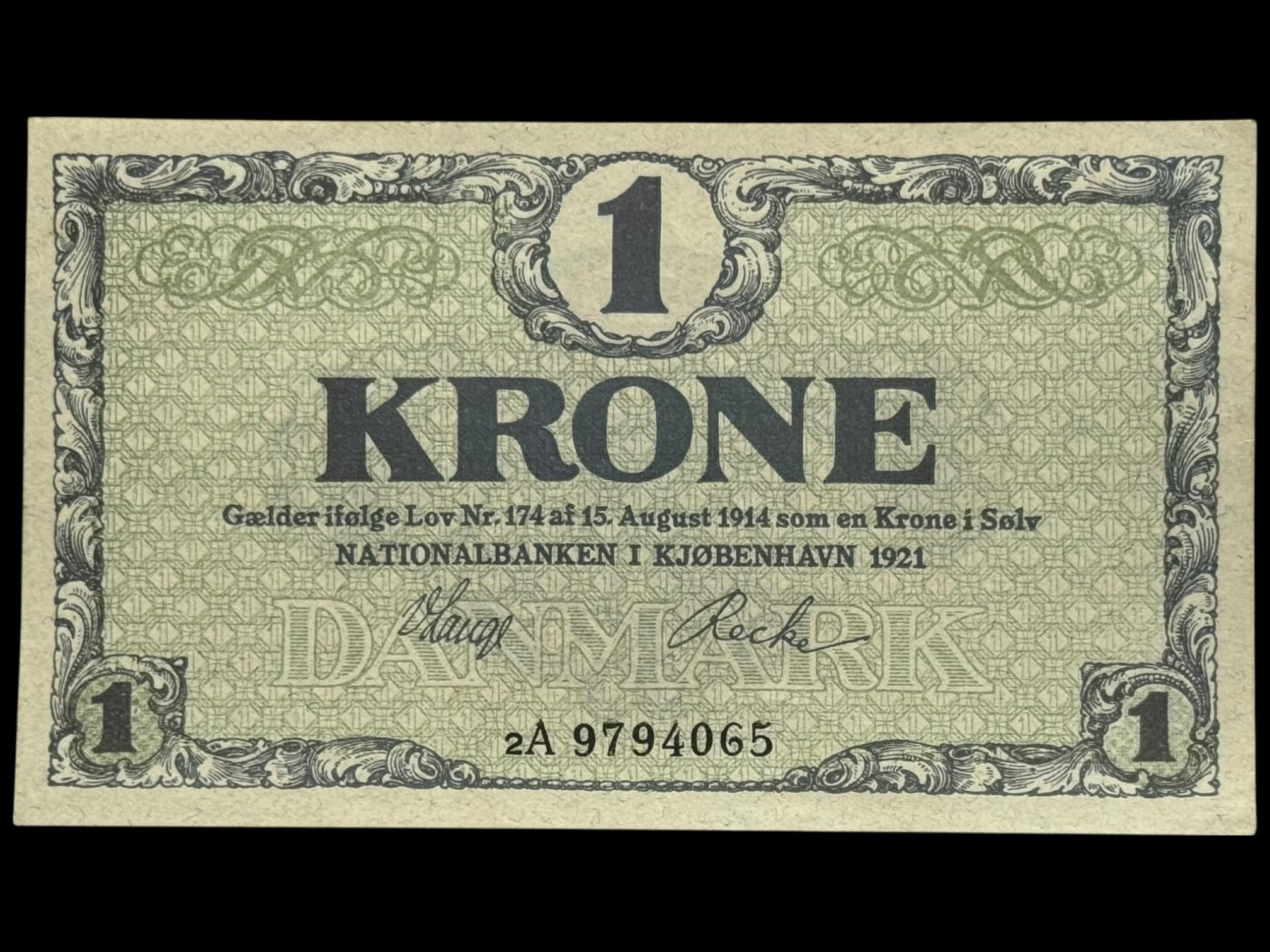 1 krone 1921 2A, V.Lange/Recke, Nr. 9794065, Sieg 117, DOP 112, Pick 12 Kva. 0-01