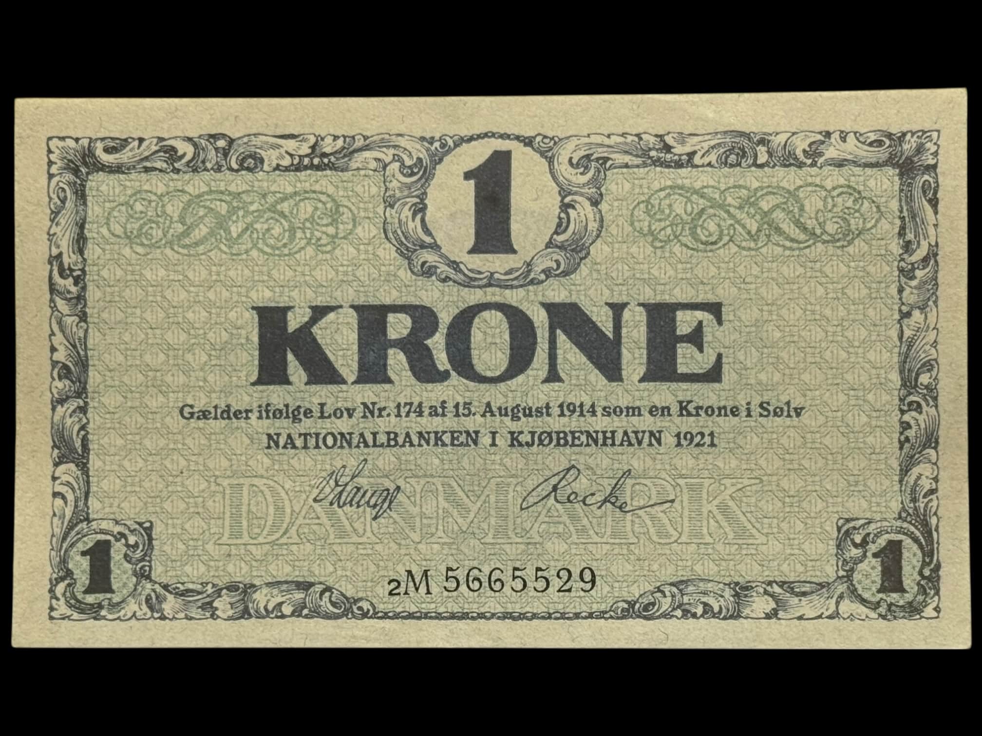 1 krone 1921 2M, V.Lange/Recke, Nr. 5665529, Sieg 117, DOP 112, Pick 12 Kva. 0