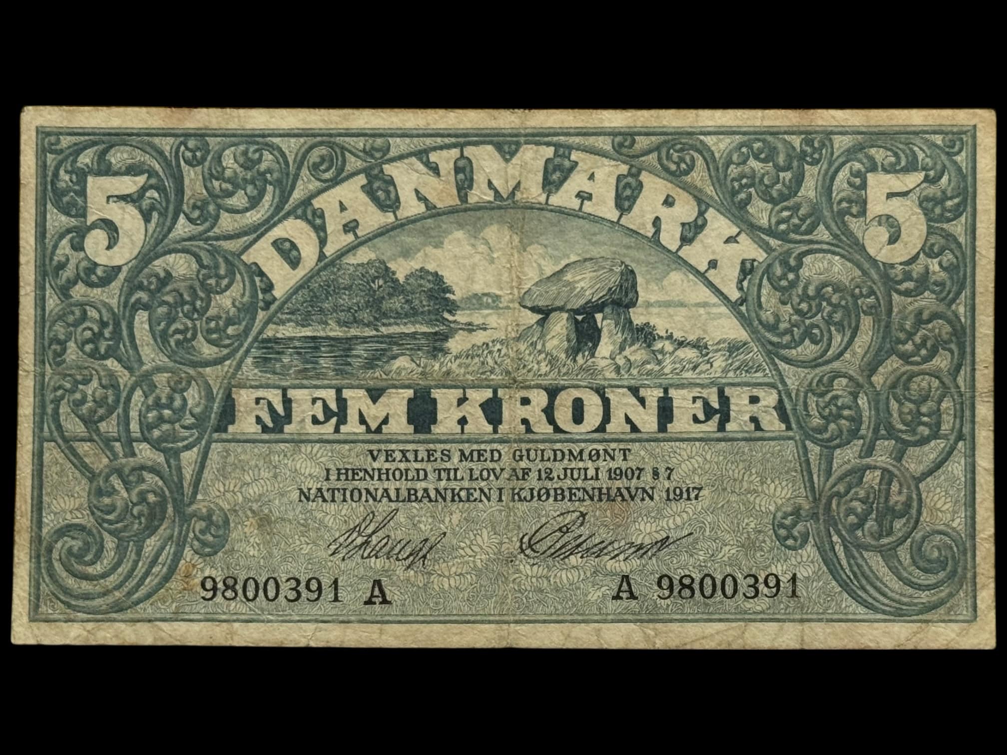 5 kroner 1917 A, V.Lange/Petersen, Nr. 9800391, Sieg 100, DOP 113, Pick 20, Kva. 1 "Ukendt underskriftskombination ifølge Sieg"