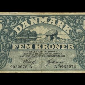 5 kroner 1917 A, V.Lange/Gellerup, Nr. 9032076, Sieg 100, DOP 113, Pick 20, Kva. 1-1+ "Ukendt underskriftskombination ifølge Sieg"