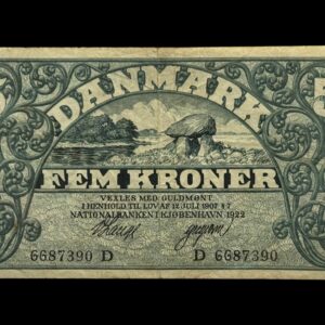 5 kroner 1922 D, V.Lange/Gregersen, Nr. 6687390, Sieg 100, DOP 113, Pick 20, Kva. 1-1+