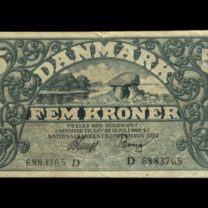 5 kroner 1922 D, V.Lange/Bang, Nr. 6687390, Sieg 100, DOP 113, Pick 20, Kva. 1+-01