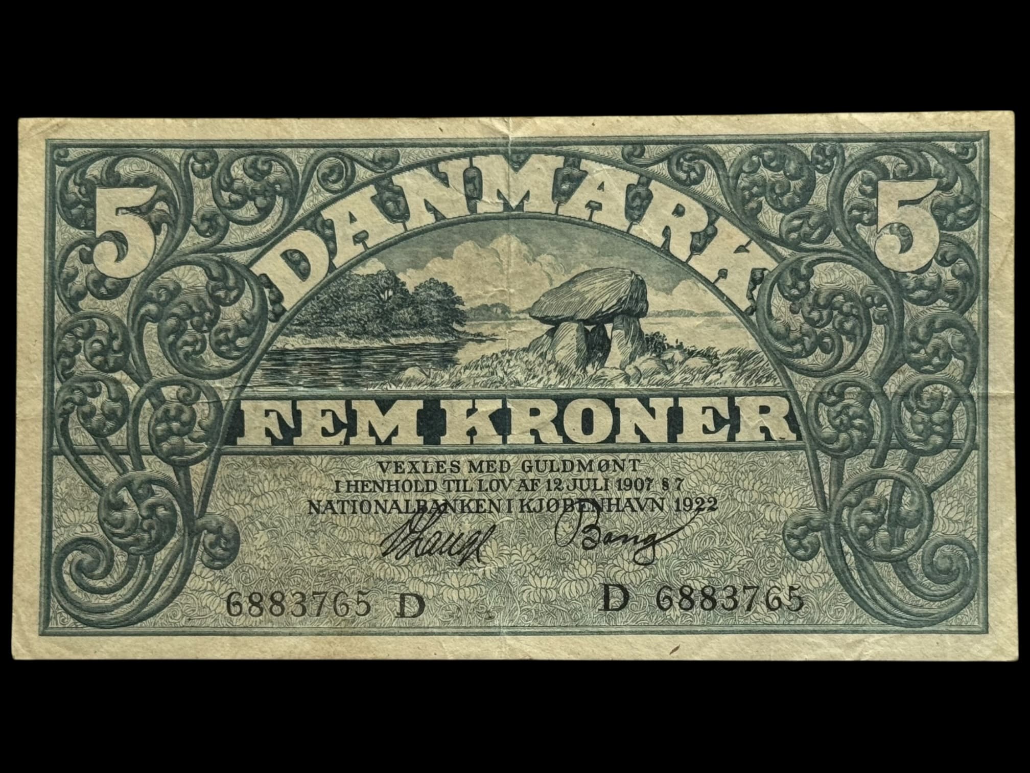 5 kroner 1922 D, V.Lange/Bang, Nr. 6687390, Sieg 100, DOP 113, Pick 20, Kva. 1+-01