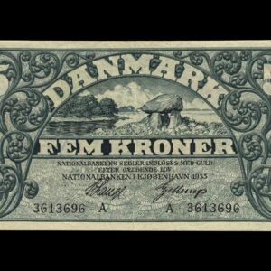 5 kroner 1933 A, V.Lange/Gellerup, Nr. 3613696, Sieg 101, DOP 118, Pick 25, Kva. 01