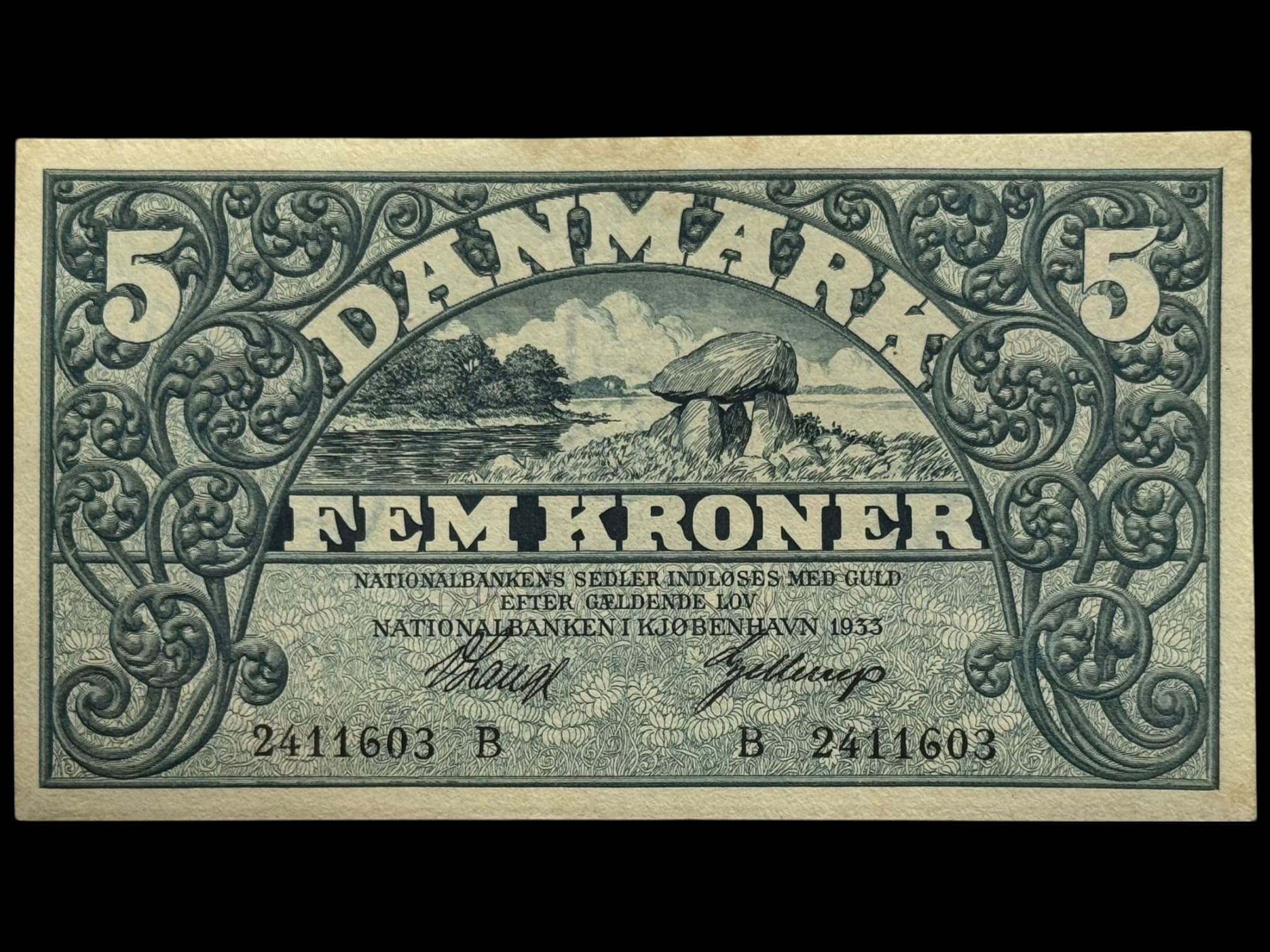 5 kroner 1933 B, V.Lange/Gellerup, Nr. 2411603, Sieg 101, DOP 118, Pick 25, Kva. 0-01
