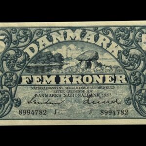 5 kroner 1943 J, Svendsen/Lund, Nr. 8994782, Sieg 102, DOP 123, Pick 30, Kva. 0