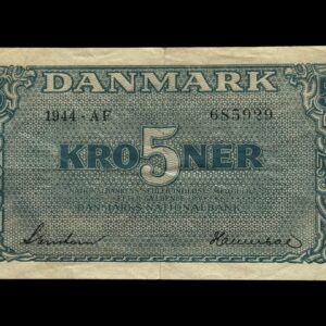 5 kroner 1944 AF, Svendsen/Hannibal, Nr. 685929, Sieg 118, DOP 128a, Pick 35a, Kva. 1-1+