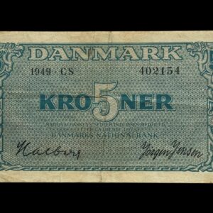 5 kroner 1949 CS, Halberg/Jørgen Jensen, Nr. 402154, Sieg 119, DOP 128b, Pick 35b, Kva. 1+