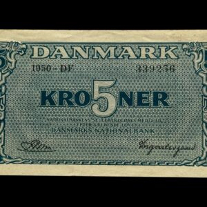 5 kroner 1950 DF, Riim/Ingerslevgaard, Nr. 339236, Sieg 119, DOP 128b, Pick 35b, Kva. 0-01