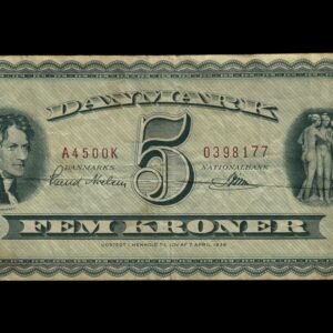 5 kroner 1954 A4 0K, Riim/Svend Nielsen, Nr. 0398177, Sieg 128, DOP 137, Pick 42, Kva. 1+ "Uhyre sjælden erstatningsseddel"