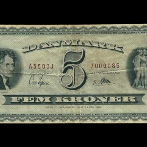 5 kroner 1954 A5 0J, Riim/Ove Jepsen, Nr. 7000086, Sieg 128, DOP 137, Pick 42, Kva. 1-1+