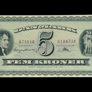 5 kroner 1955 A7, Riim/Haugen Johansen, Nr. 6188738, Sieg 126, DOP 137, Pick 42, Kva. 0