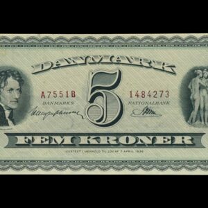 5 kroner 1955 A7, Riim/Haugen Johansen, Nr. 1484273, Sieg 126, DOP 137, Pick 42, Kva. 0-01