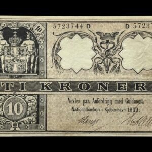 10 kroner 1909 D, V.Lange/?, Nr. 5723744, Sieg 95, DOP 103, Pick 7, Kva. 01