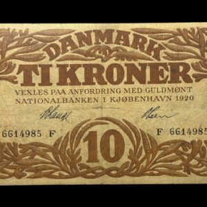 10 kroner 1920 F, V.Lange/Olesen, Nr. 6614985, Sieg 103, DOP 114, Pick 21, Kva. 1