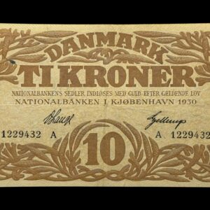 10 kroner 1930 A, V.Lange/Gellerup, Nr. 1229432, Sieg 104, DOP 119, Pick 26, Kva. 1+